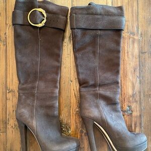 Women's Brown Leather Knee-High Platform Gucci Boots